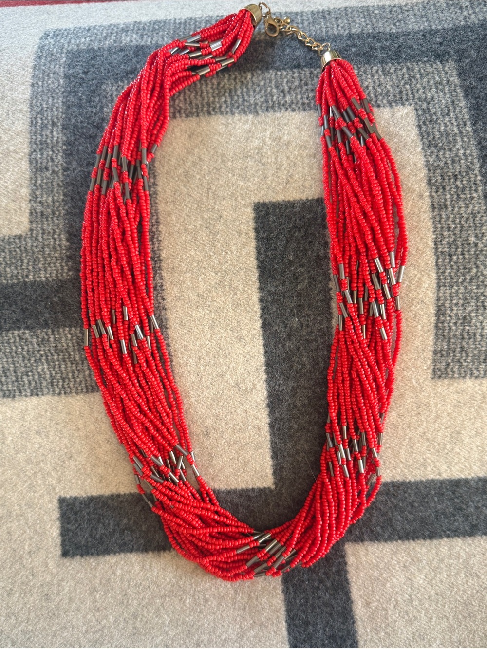 Red Multi Strand Seed Bead Statement Necklace Boho Costume Jewelry